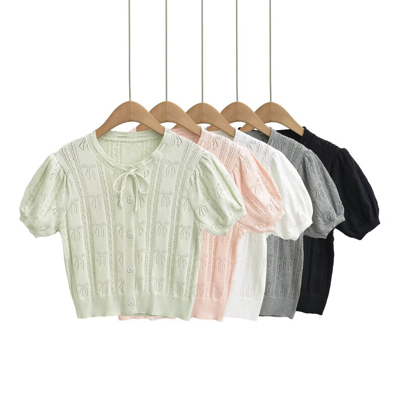 French-Style Sweet Bow-Tie Puff Sleeve Hollow-Out Short-Sleeve T-Shirt for Women, Slim Fit, Single-Breasted Short Top French-Style Sweet Bow-Tie Puff Sleeve Hollow-Out Short-Sleeve T-Shirt for Women, Slim Fit, Single-Breasted Short Top