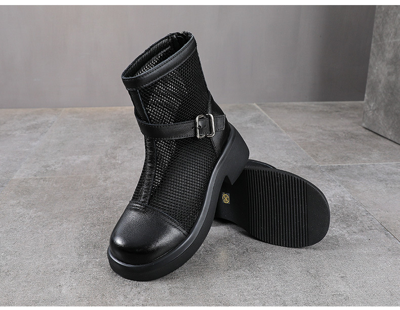 Boot lưới nữ da bò thật cổ thấp kiểu La Mã thoáng khí — màu đen chi tiết 11