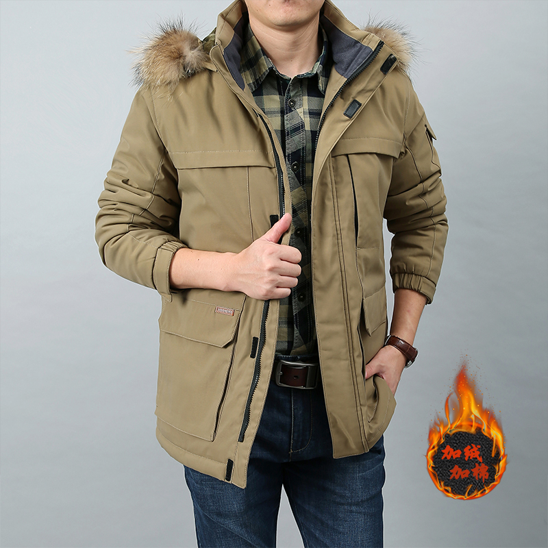 Transfronterizo especial para el otoño y el invierno de los hombres de algodón acolchado Abrigo con capucha de longitud media de negocios herramientas de lana forrada engrosada con cuello de piel