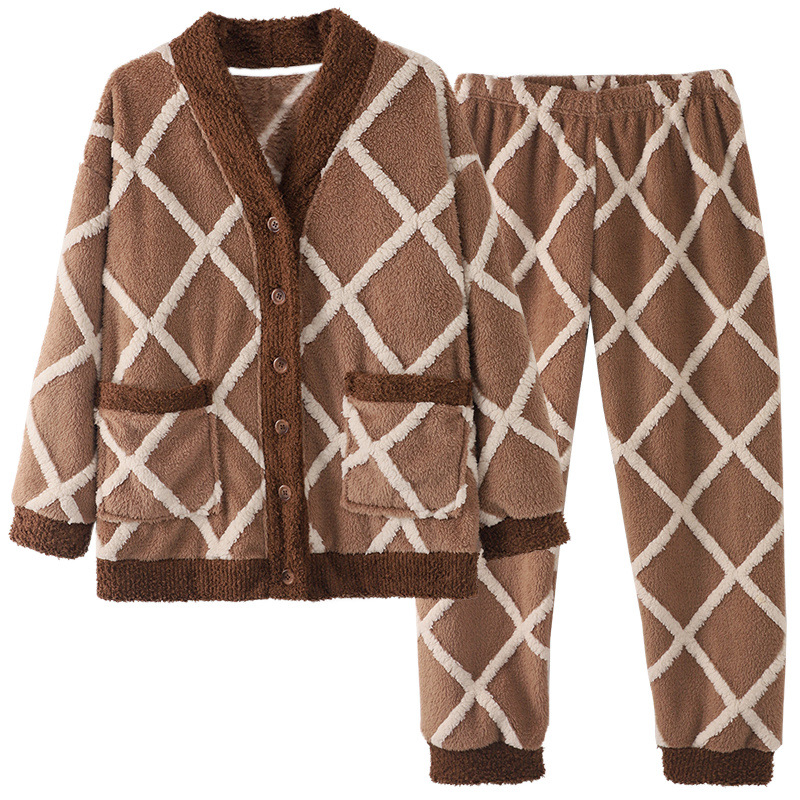 겨울 산호 양털 잠옷 여성 INS 따뜻한 기모 학생들을위한 두꺼운 홈 옷 세트