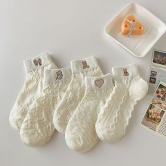 Socks Wholesale Spring and Summer New Simple White Women's Short Socks Versatile Outerwear Cute Cartoon Embroidered Bear Boat Socks