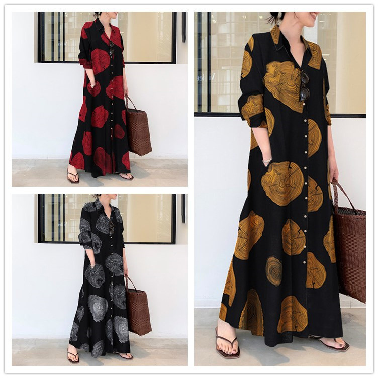 Plus Size Women's Clothing Wholesale Cotton and Linen Printed Long-Sleeved Dresses