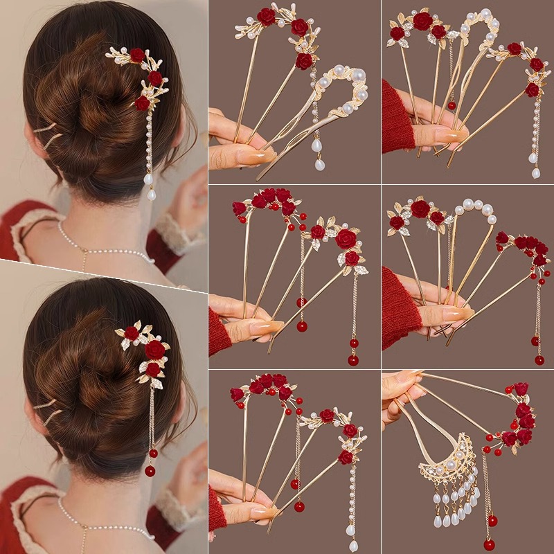 Nuevo estilo chino rojo flange U pinzas de cabello para mujeres otoño invierno de alto nivel pinzas de cabello estilo antiguo pinzas de ropa de estilo chino pinzas de Año Nuevo tocado