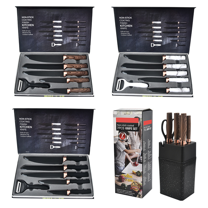 Acero inoxidable pintado chapado en oro rosa cabeza oblicua marbling mango blanco de seis piezas caja de regalo traje cortador