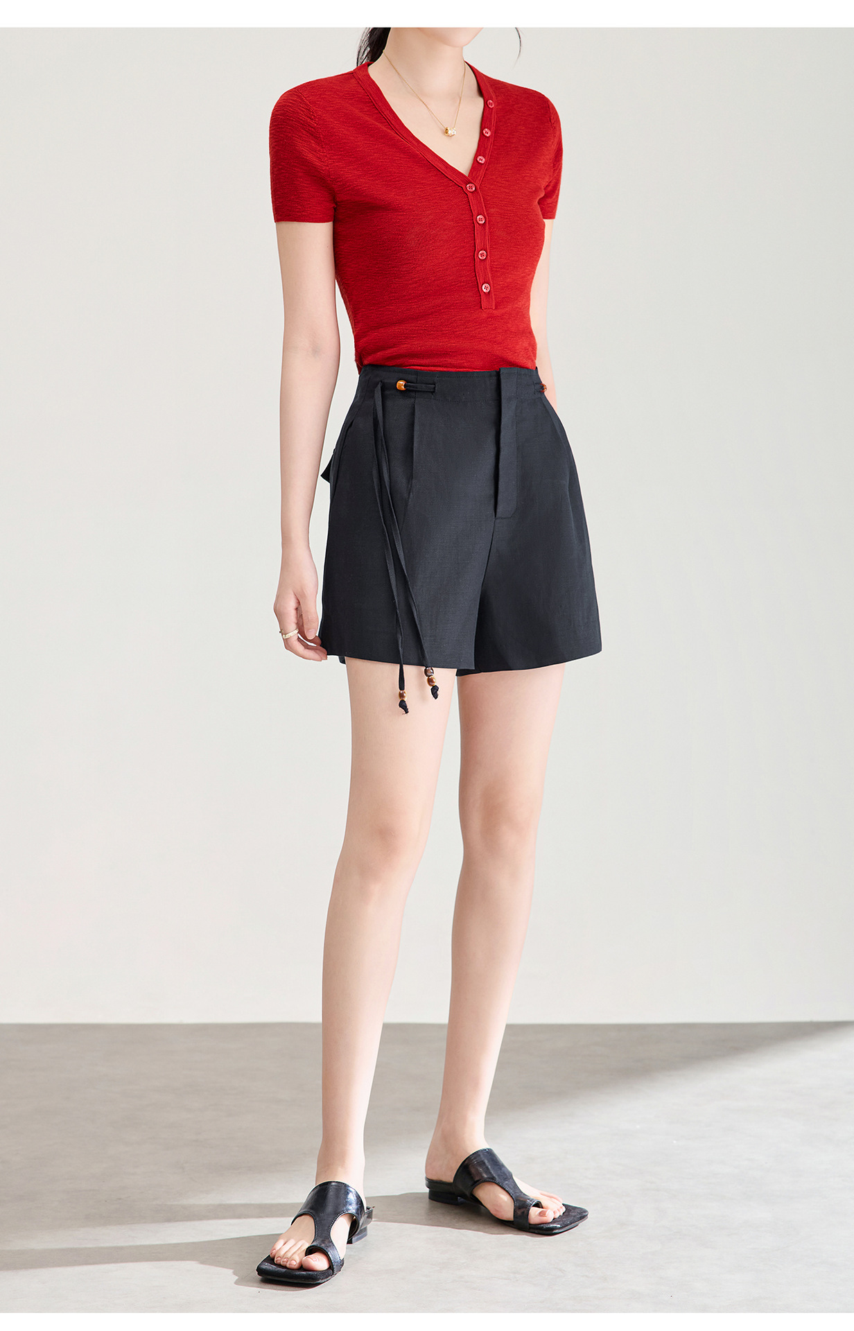 Quần short nữ cạp cao dây buộc phong cách quốc phong rộng thùng thình đính cườm — Xanh lông mòng đen chi tiết 21