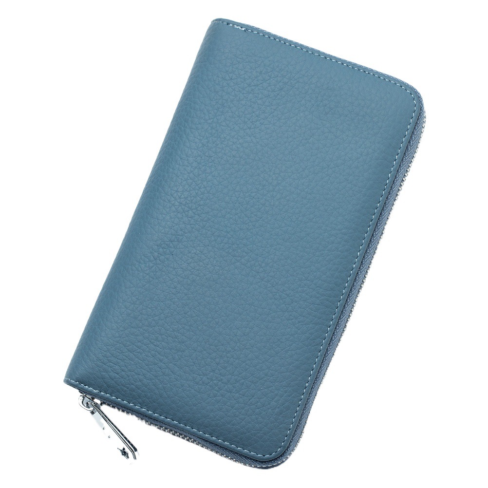 Pasaporte bolsa cremallera de cuero multifuncional familia plegable Bolsa japonesa transfronteriza de las mujeres largas patrón de lichí Cartera de color sólido