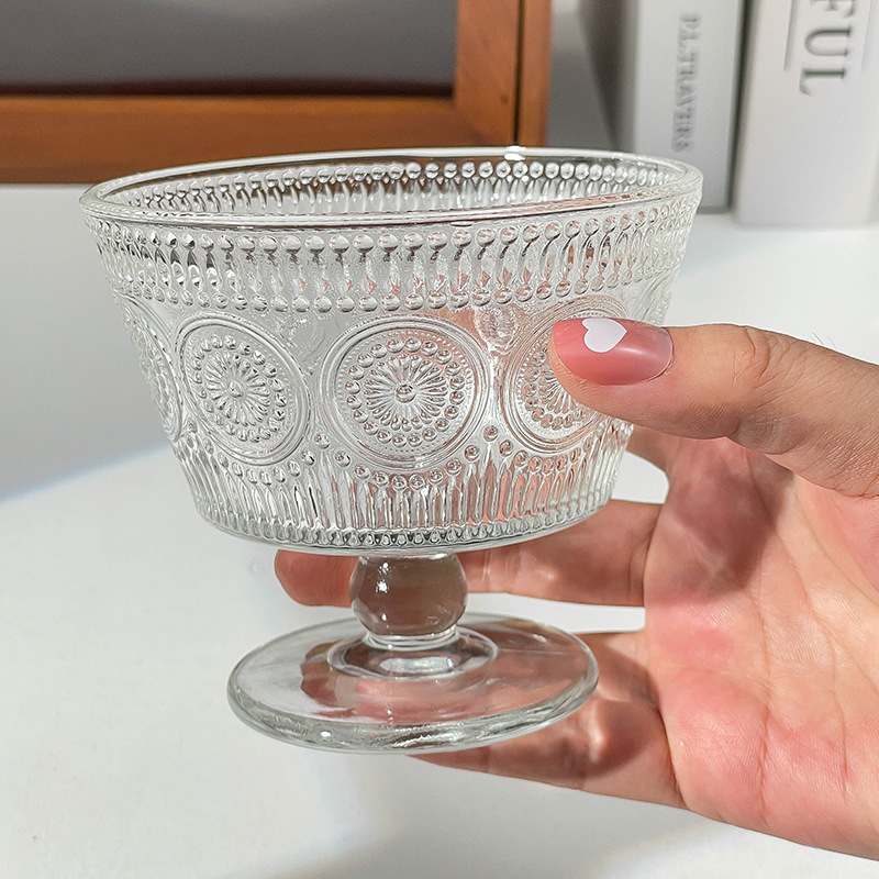 レトロなレリーフ太陽花ガラスボウルins風家庭用アイスクリームアイスクリームボウルヨーグルトオート麦朝食デザートボウル|undefined