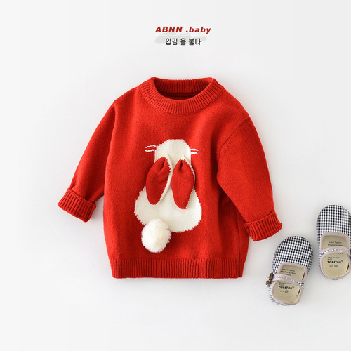 Baby autumn and winter one-piece clothes, cartoon knitted bunny sweater, newborn romper, baby festive outing clothes
