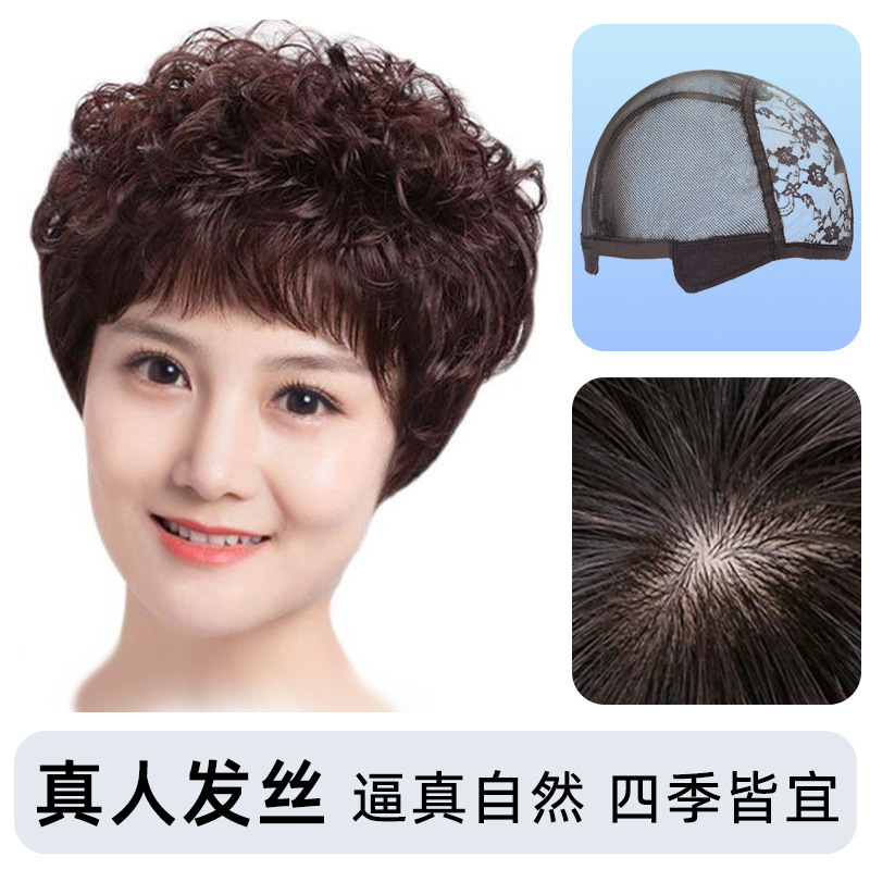 Short Hair Wig Set for Women with Short Curly Hair, Full Headgear, Natural Middle-Aged and Elderly People, Permanent Perm Wig for Mothers