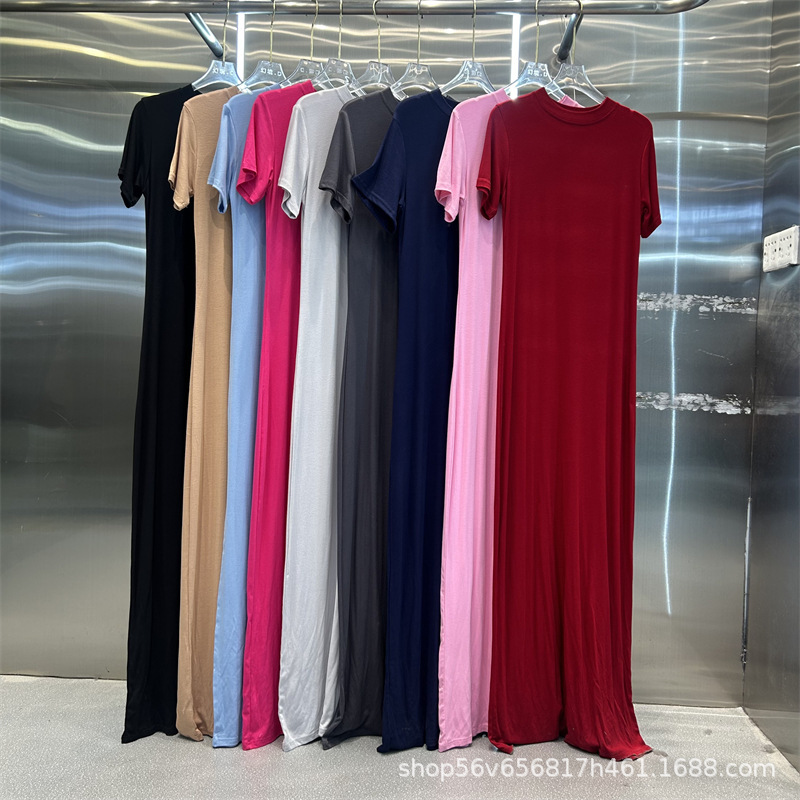 Solid Color Fashionable Long Skirt for Women Summer 2025 New Short-Sleeved Extra Long Loose Large Size Casual Ankle-Length Dress