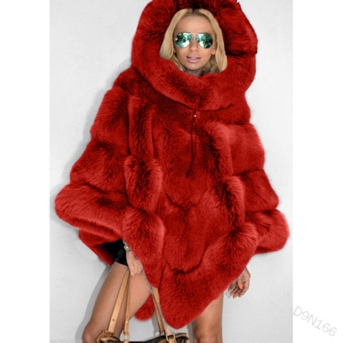 Cross-border supply 2023wish European and American solid color hooded imitation fur stitching loose jacket temperament commuting cloak for women