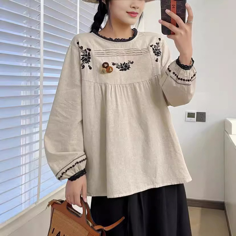 Mori Style Exquisite Embroidered Cotton and Linen Long-sleeved Shirt Women's Autumn New All-match Age-reducing Contrast Color Round Neck Doll Shirt Top