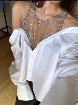 小众设计感 时尚百搭拼接网纱V领闪钻露肩白色长袖衬衫女上衣早秋|undefined