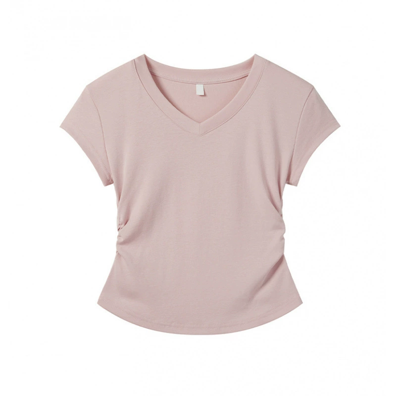 Уличный стиль, облегающий крой, новинка 2025 года, летняя футболка с v-образным вырезом и обычными плечами, с высокой талией и короткими рукавами, женская футболка с обычными плечами