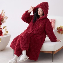 睡衣结婚新婚女士套装大红色珊瑚绒三层夹棉秋冬款女款睡袍冬季