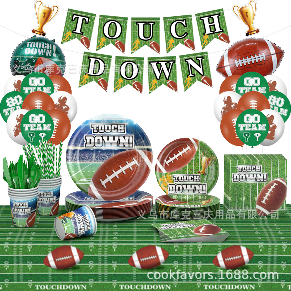 Nuevos suministros de fiesta temáticos de fútbol americano Super Bowl bandeja de papel toallas de papel taza de globo set de platos