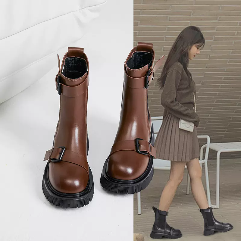 显瘦马丁靴女2023新款英伦风烟筒靴防滑厚底真皮切尔西短靴子单靴