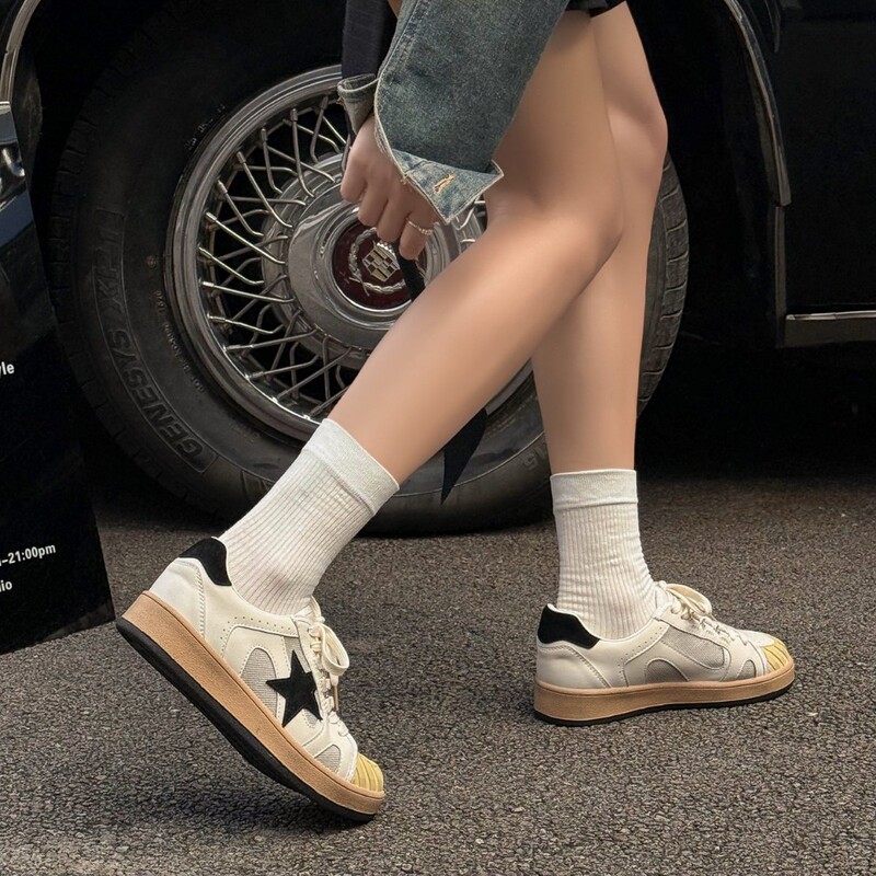 韩版真皮星星小白鞋女2025秋新款复古做旧小脏鞋百搭休闲运动板鞋|undefined