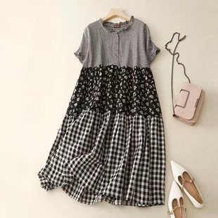 Loose Plus Size Women's Cotton Linen Plaid Patchwork Dress with Ruffled Hem, Age-Reducing Slimming Sweet Midi Dress