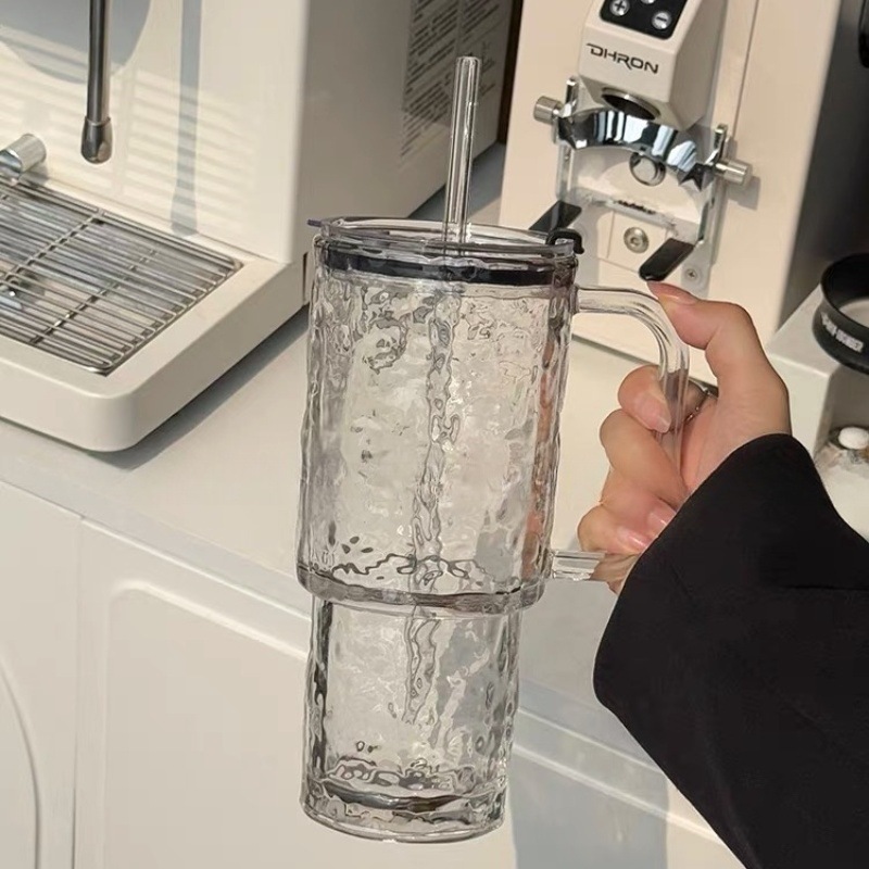 Taza de vidrio de gran capacidad con asa Taza de paja Big Mac para niñas Taza de agua de café de oficina de alto valor con tapa