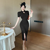 Southeast Asian style improved cheongsam button up knitted dress with buttocks wrapped long skirt