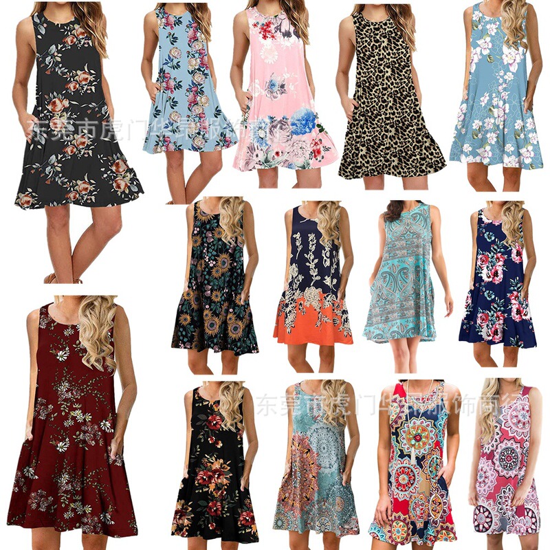 Cross-Border Summer Amazon Wish New Floral Element Suspender Large Hem Women's Skirt Casual Round Neck Vest Dress