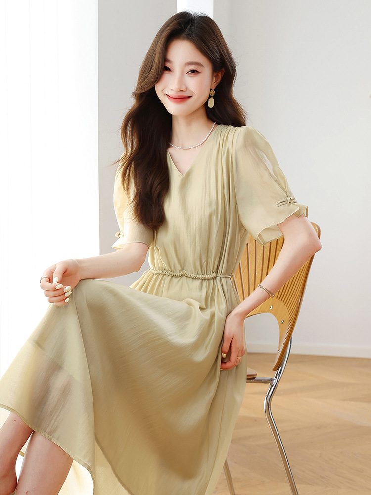 Đầm ôm body nữ cổ chữ V tay ngắn thiết kế eo ZQ2579 — Màu đỏ rượu, Màu kaki