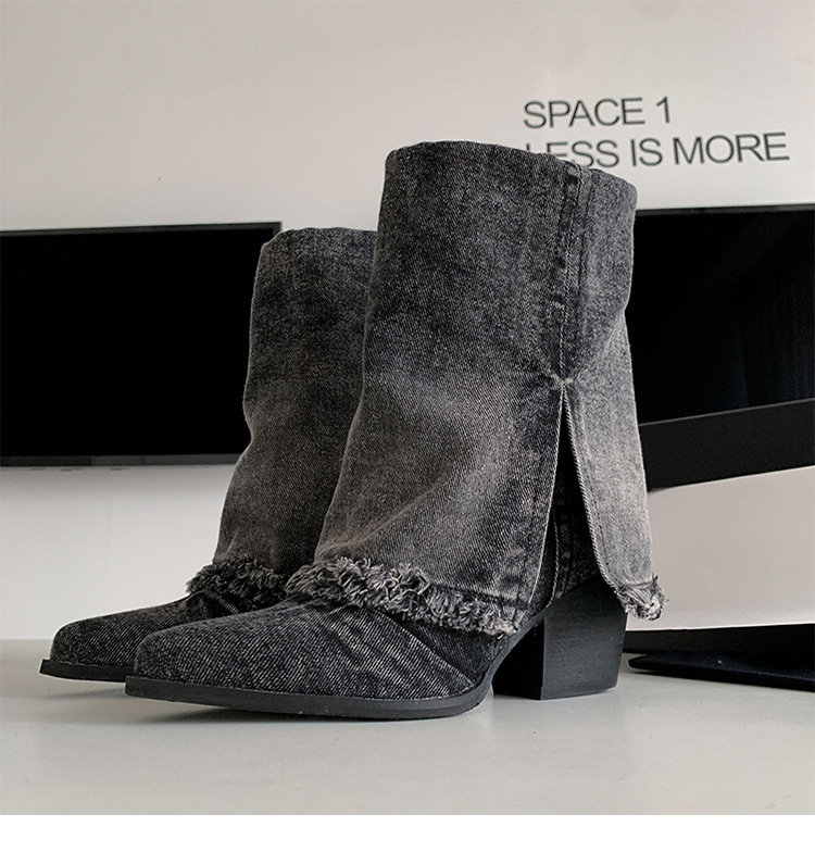 Boot nữ cổ thấp đế thô denim phong cách cao bồi Âu Mỹ — Màu xanh lam chi tiết 14