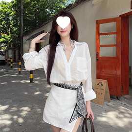 蕾丝拼接提花薄款新品衬衫女秋季休闲度假套装白色半身裙裤两件套