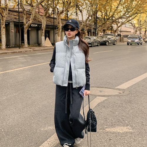2026 autumn and winter new style gray woolen wool high-quality feeling, slimming and thick down cotton suit, women's vest, fashionable outer vest