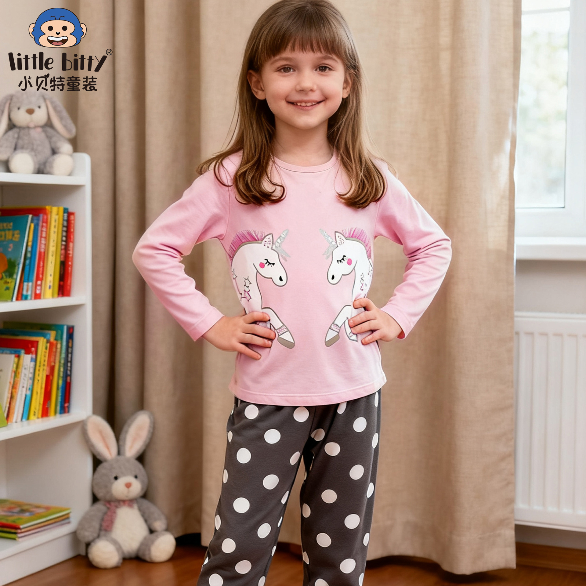 European and American style children's loungewear, long-sleeved and long-legged two-piece set with cartoon unicorn print, cross-border spot wholesale cotton set
