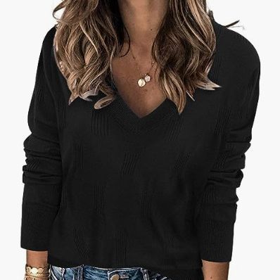 Europeo y americano transfronterizo amazon venta caliente de las mujeres de moda con cuello en v jersey de manga larga de punto costilla suéter casual top