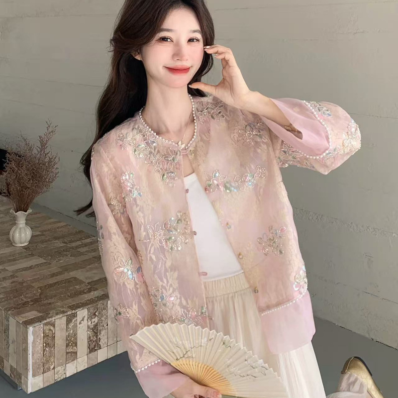 2026 Early Spring New Style New Chinese-Style Women's Clothing with a Light Luxury and High-End Feel, Featuring Embroidery and Beading, Stunning Cardigan Top