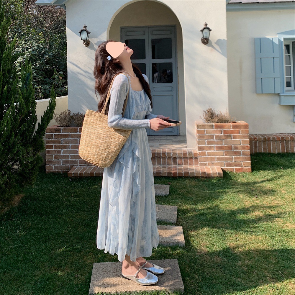 披肩蓝色吊带连衣裙套装女春秋2025新款气质温柔风漂亮两件套