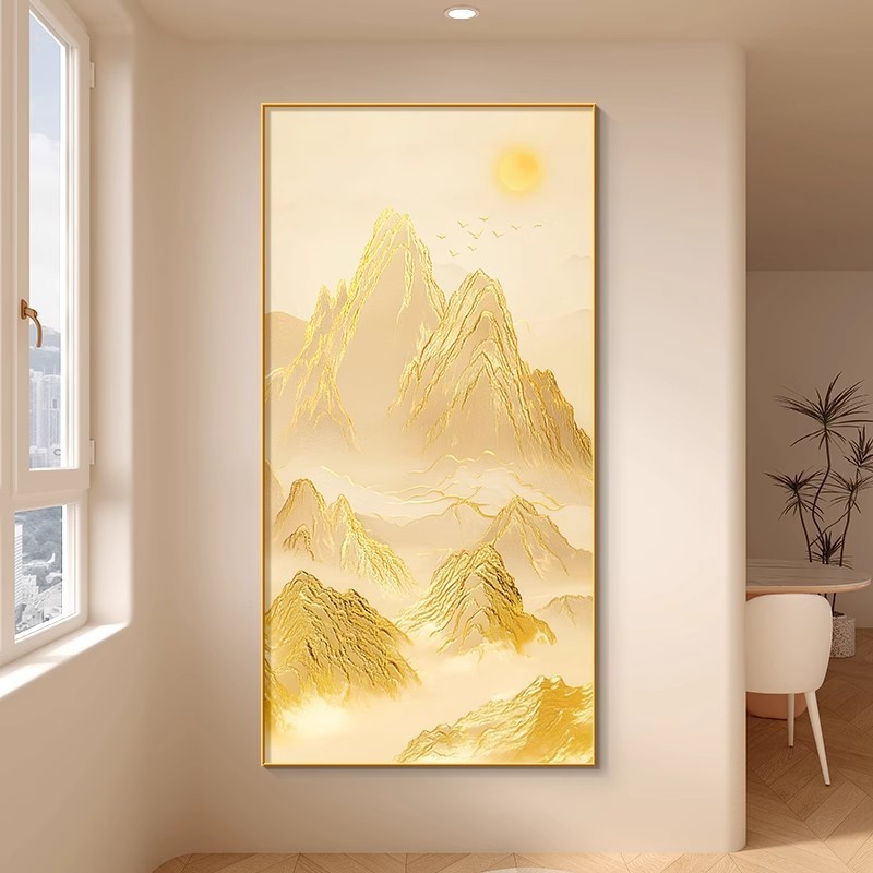 日照金山玄関装飾画現代シンプルで高級な金箔階段の間には、山に寄りかかった客間の壁画があります。|undefined