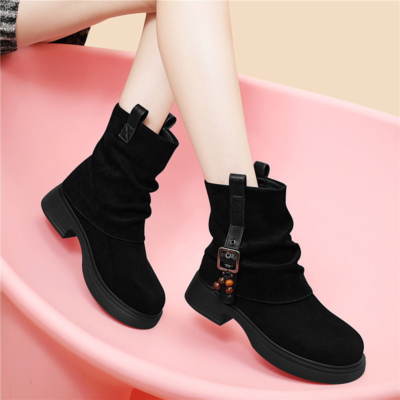 Cotton-padded Shoes With Fleece, 2025 New Autumn And Winter Maillard Tassel Short Boots, Retro Mid-calf Martin Boots, Stacked Knight Boots_vogvips.com