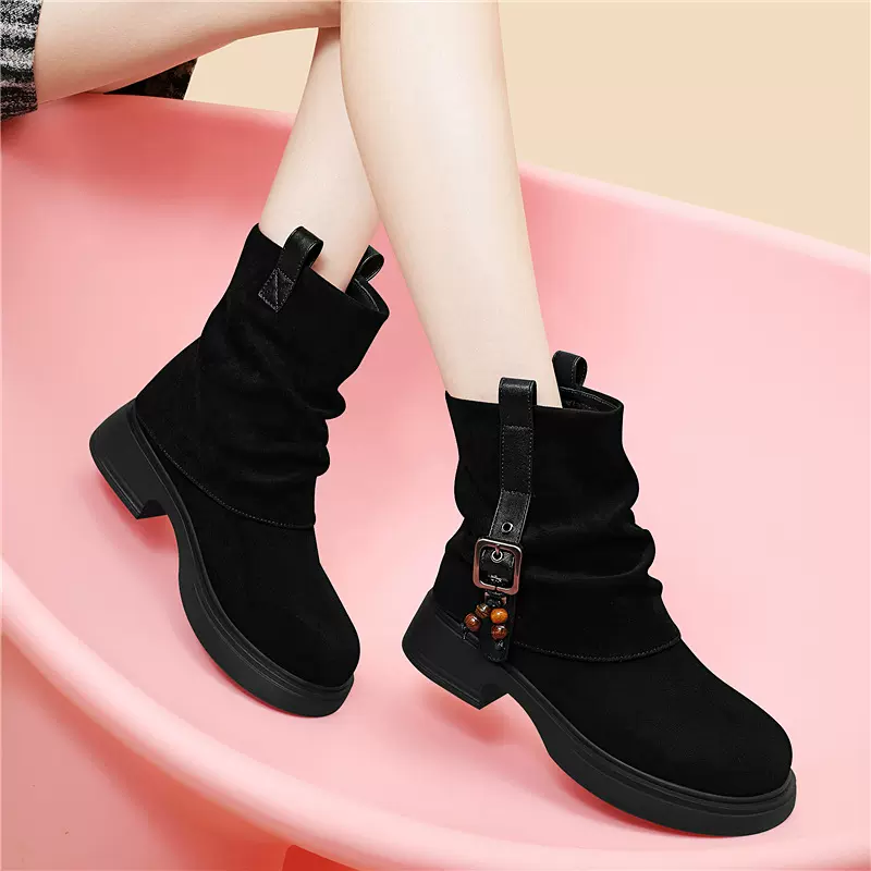 棉鞋加绒2025新款秋冬美拉德流苏短靴复古中筒马丁靴堆堆骑士靴