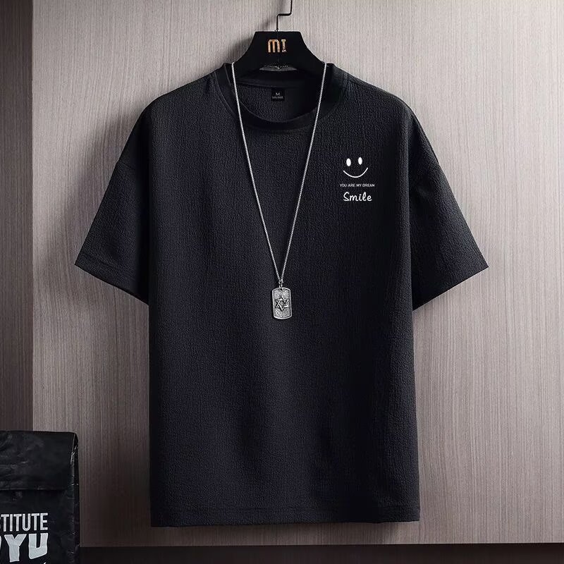 新しいプリントアイスシルク半袖Tシャツメンズ夏ラウンドネックトレンディな薄い半袖Tシャツボトリングシャツトップ服|undefined