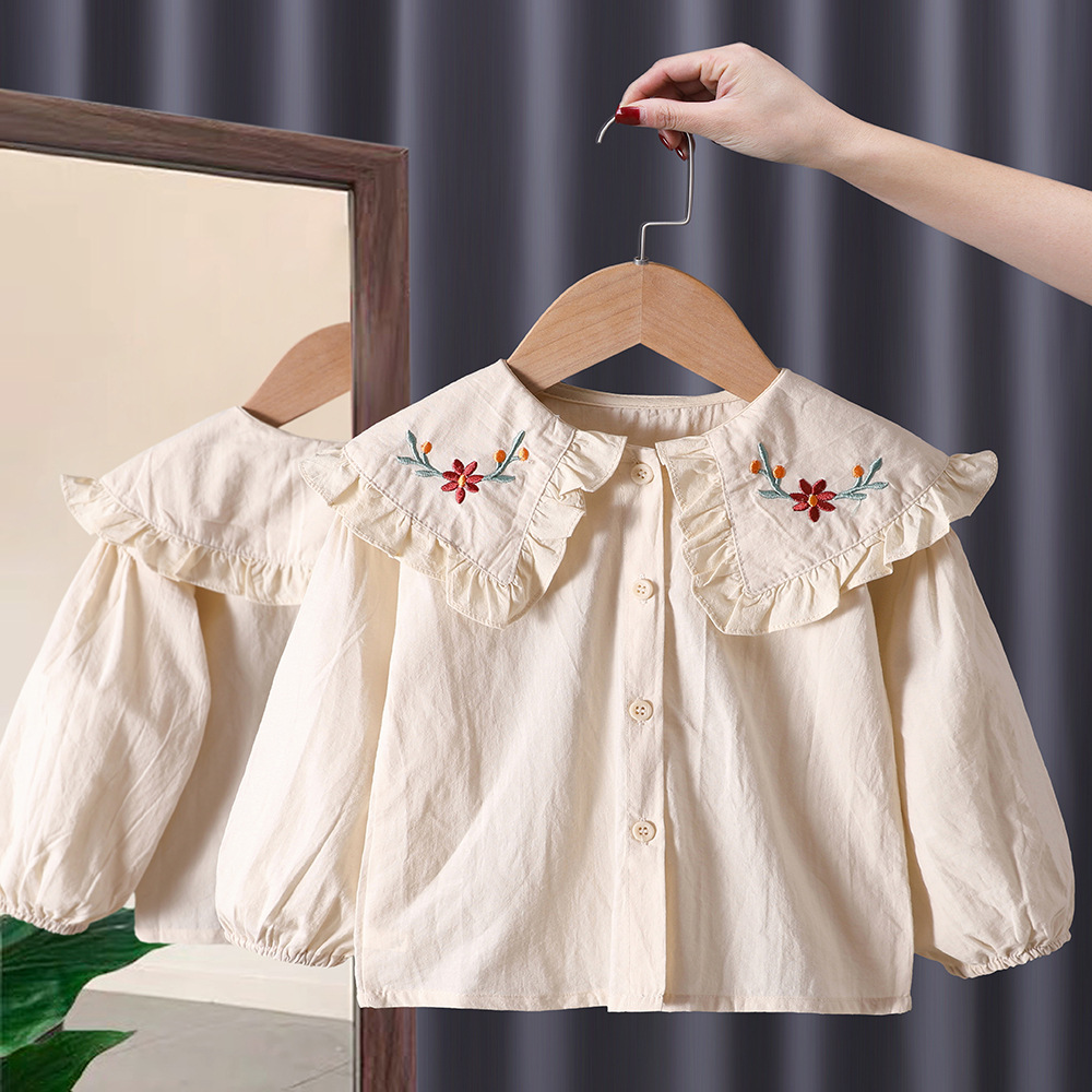 Camisa de encaje con solapa para niña, primavera y otoño 2025, nueva ropa infantil, blusas para bebé, camisa blanca de algodón para niña
