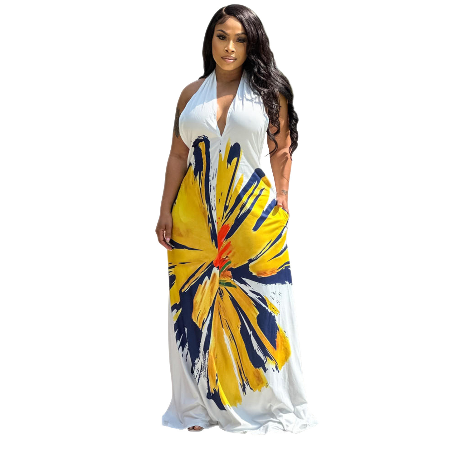 C6632 transfronterizo AliExpress Amazon de moda europea y americana de las mujeres vestido sin espalda vestido Halter impreso vestido