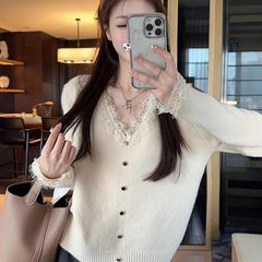 女性用の優しいスタイルのレースピンクセーター、春の万能ボトムシャツ、ゆったりとした柔らかいワックスのようなセーター、インナートップ