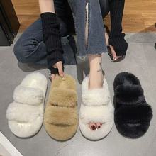 2025年新款秋冬季一字带平底平行交叉加绒毛毛拖鞋女外穿厚底居家