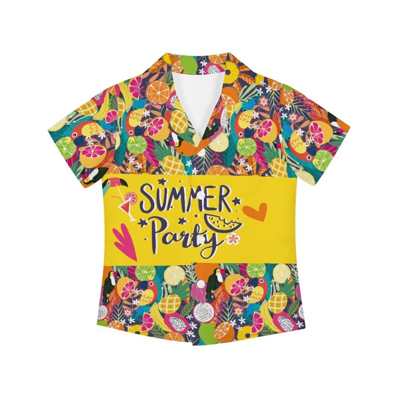 跨境儿童短袖衬衫夏季 SUMMER假翻领上衣 夏威夷儿童衬衣来图设计