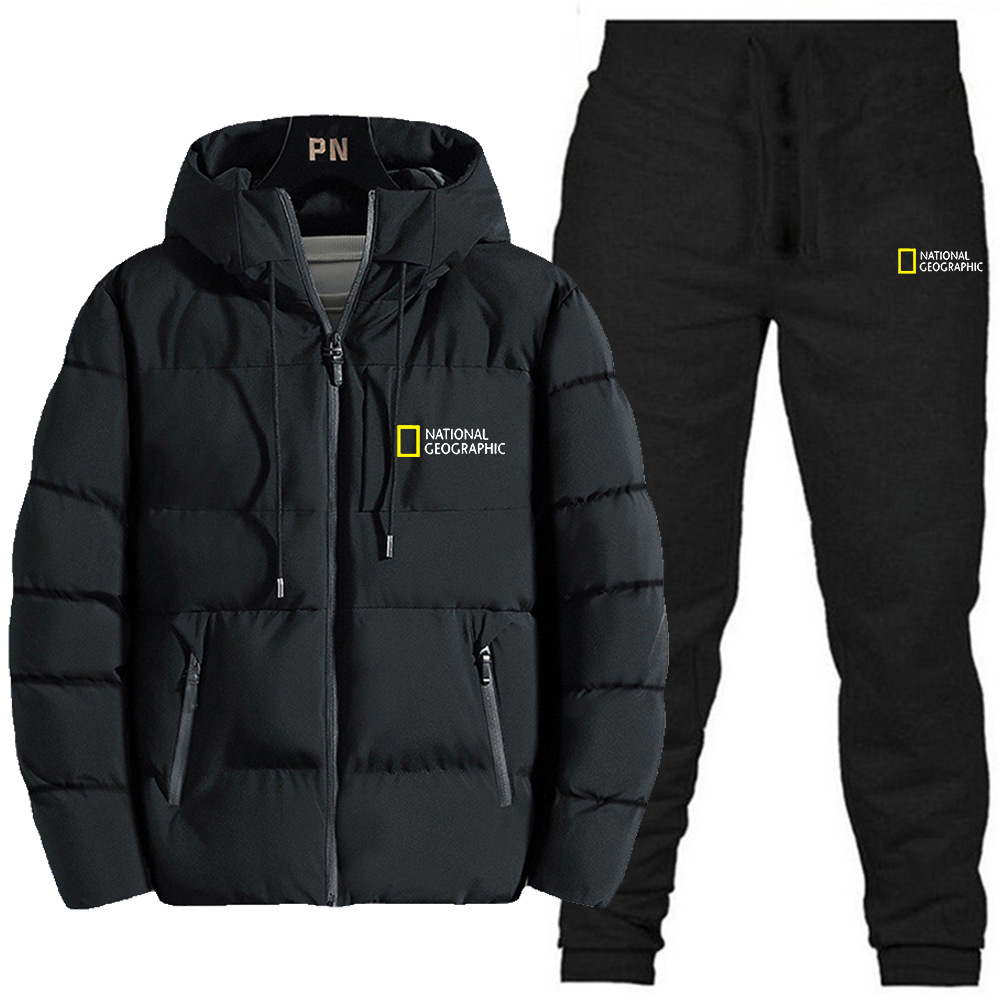 Set mit Kapuzenjacke und langer Hose für dicke, warme Baumwollkleidung für den Winter für Herren, neue Sport- und Freizeitkleidung_voghion.com