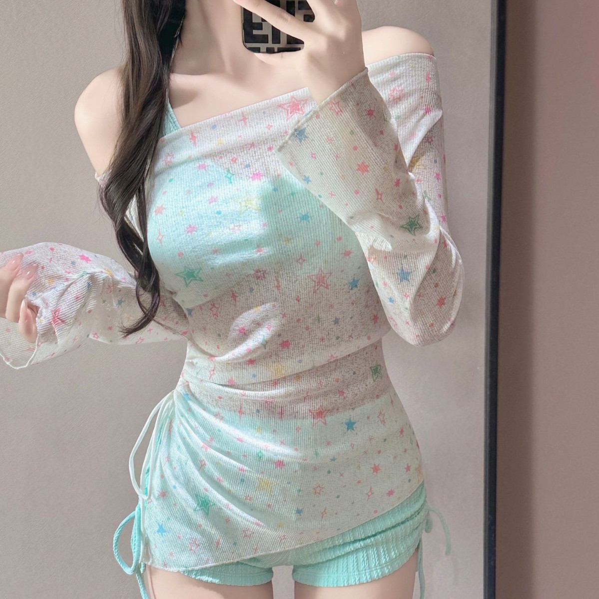 Women's New Three-Piece Swimsuit Set with Long Sleeves, Sun Protection, Star Print Jacket, Fresh and Sweet Style, Pure Desire Swimwear