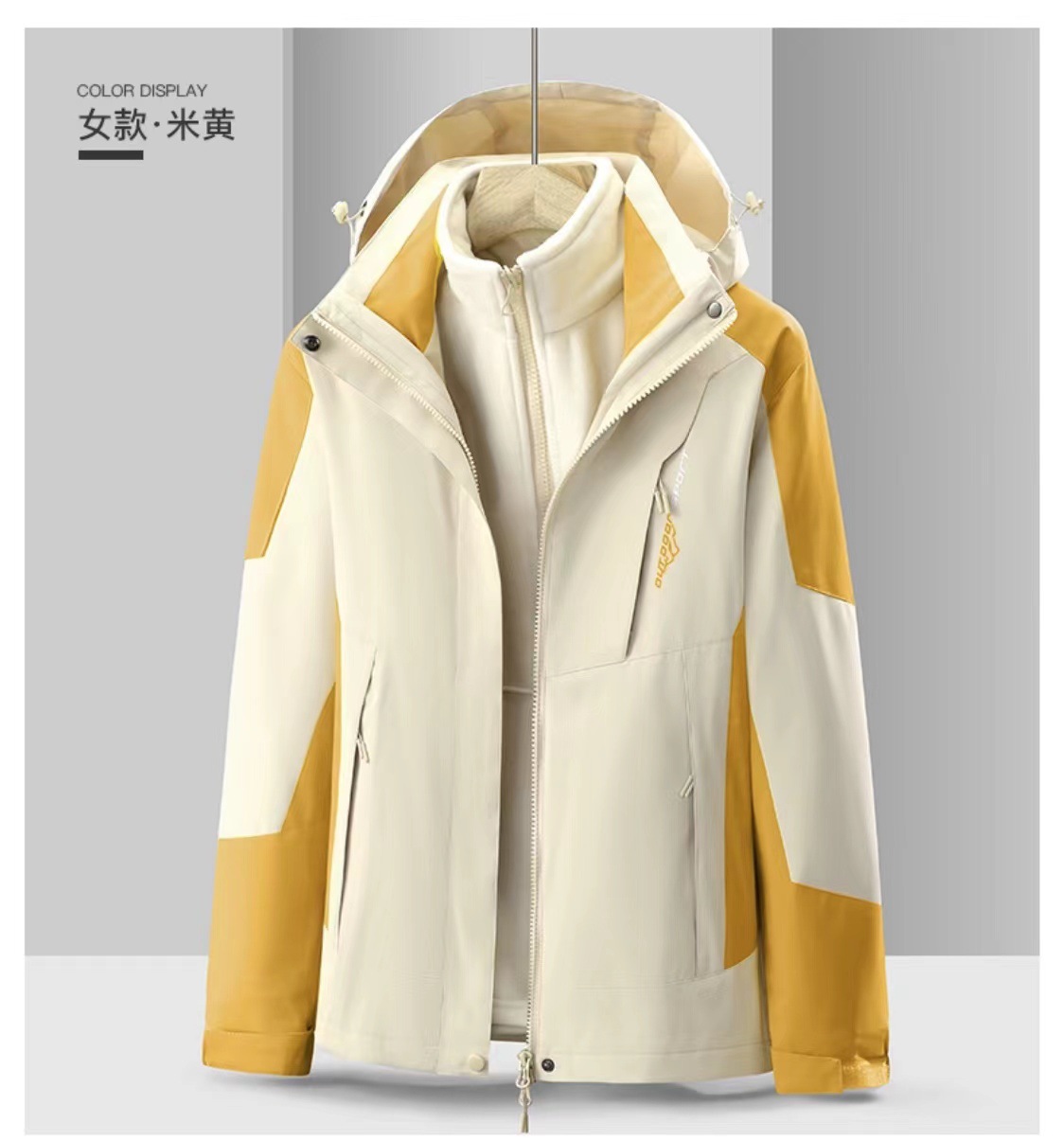 Hombres y mujeres tres en uno desmontable invierno al aire libre dos piezas juego de lana de zorro plata impermeable a prueba de viento abrigo de montaña de moda