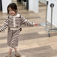 Korean children's spring quality crew neck striped polo knit top + wide-leg nine-quarter pants knitted set