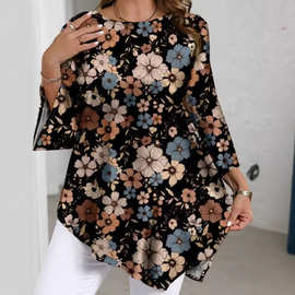 2026欧美跨境亚马逊春夏季新款休闲百搭上衣印花圆领大码 女士T恤