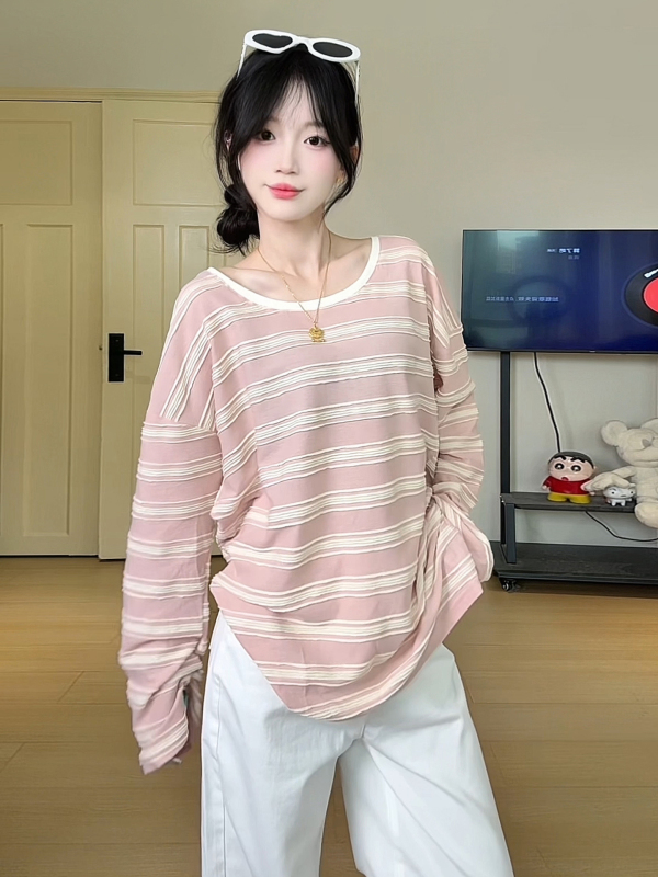 韩系粉色条纹长袖t恤女2025新款秋季宽松简约慵懒松弛感穿搭上衣|undefined