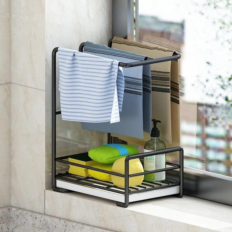 Kitchen Rag Rack, Punch-Free Countertop Storage Rack, Multi-Functional Air-Drying Wall-Mounted Towel Rack, Sponge Drain Rack